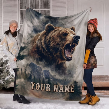 Maxcorners Angry Roaring Grizzly Bear Snowy Mountain Forest Personalized Name 3D Blanket