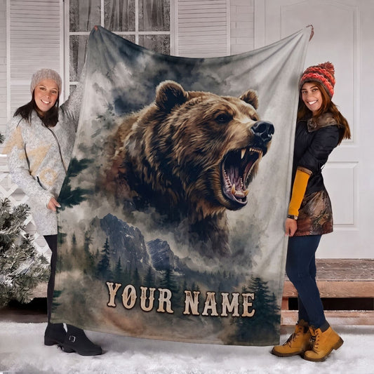 Maxcorners Angry Roaring Grizzly Bear Snowy Mountain Forest Personalized Name 3D Blanket