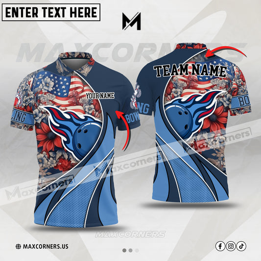Maxcorners Bowling & Pins US Flag And Flowers Multicolor Option Customized Name, Team Name 3D Polo Shirt (4 Colors)