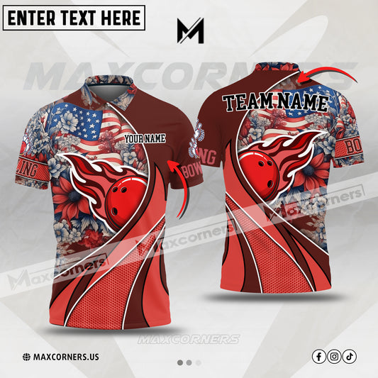 Maxcorners Bowling & Pins US Flag And Flowers Multicolor Option Customized Name, Team Name 3D Polo Shirt (4 Colors)