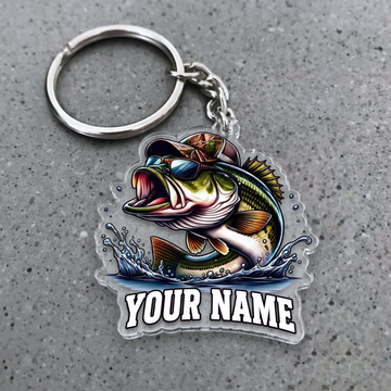 Maxcorners Largemouth Bass Fishing Sunglasses And Camo Hat Personalized Name 3D Keychain And Ornament