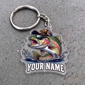 Maxcorners Trout Fishing Sunglasses And Camo Hat Personalized Name 3D Keychain And Ornament