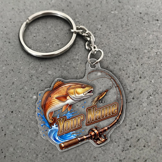 Maxcorners Redfish Fishing Rod And Lure Personalized Name 3D Keychain And Ornament