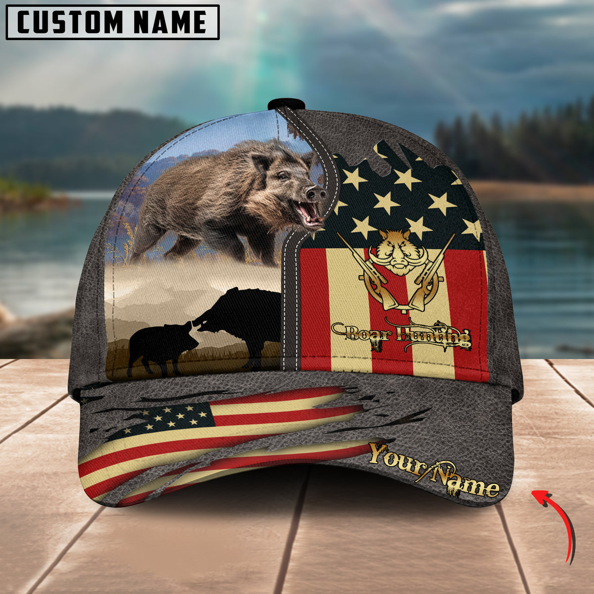 Maxcorners Boar Hunting Leather Personalized Name 3D Cap (2 Colors)