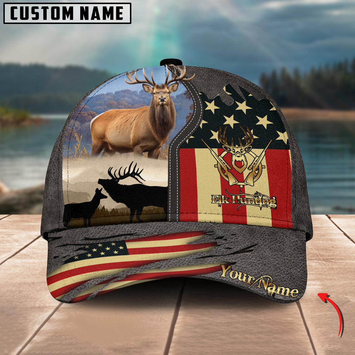 Maxcorners Elk Hunting Leather Personalized Name 3D Cap (2 Colors)