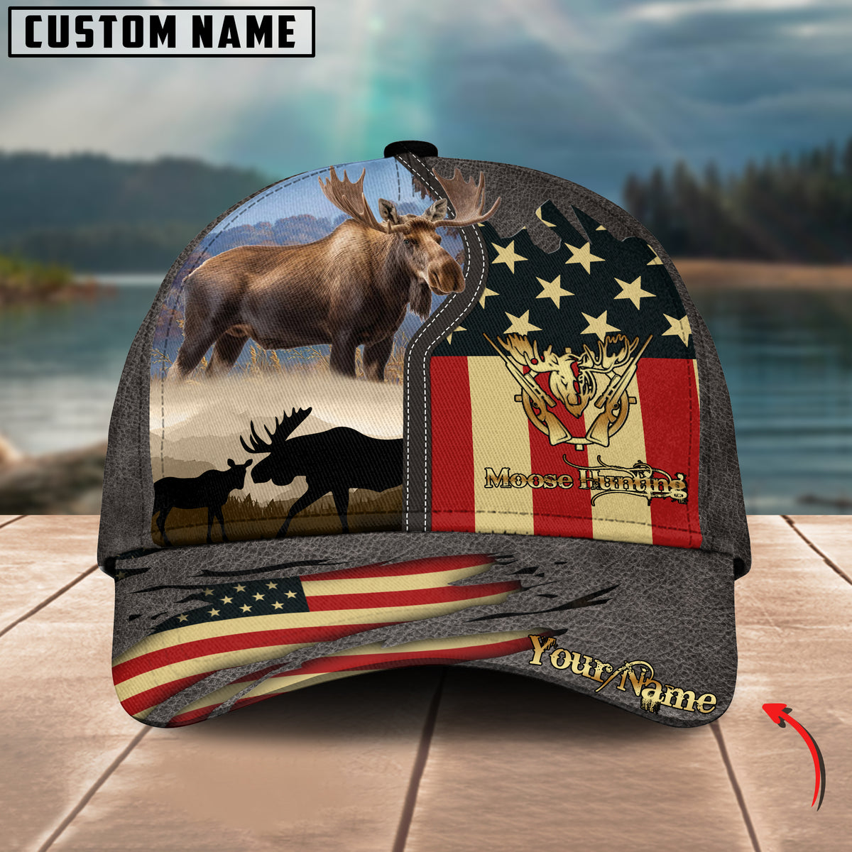 Maxcorners Moose Hunting Leather Personalized Name 3D Cap (2 Colors)