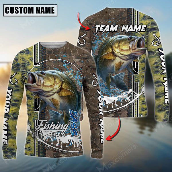 Maxcorners Bass Fishing Skin Fish Sport Jersey Sun Protection Personalized Name, Team Name Long Sleeve Shirt