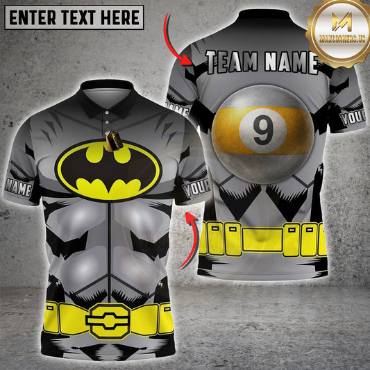 Maxcorners Billiards Hero Suit Bat Style Chest Logo 9 Ball Back Design Personalized Name 3D Unisex Shirt