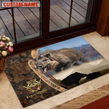 Maxcorners Boar Hunting Forest Camo Sunset Scene Personalized Name 3D Doormat