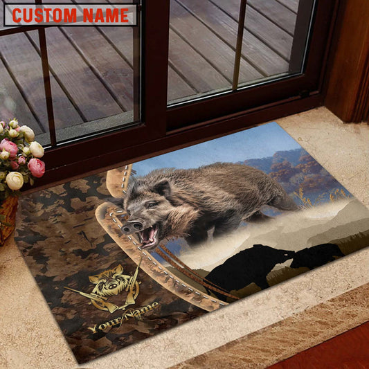 Maxcorners Boar Hunting Forest Camo Sunset Scene Personalized Name 3D Doormat