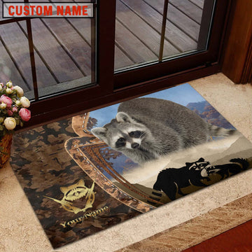 Maxcorners Racoon Hunting Forest Camo Sunset Scene Personalized Name 3D Doormat