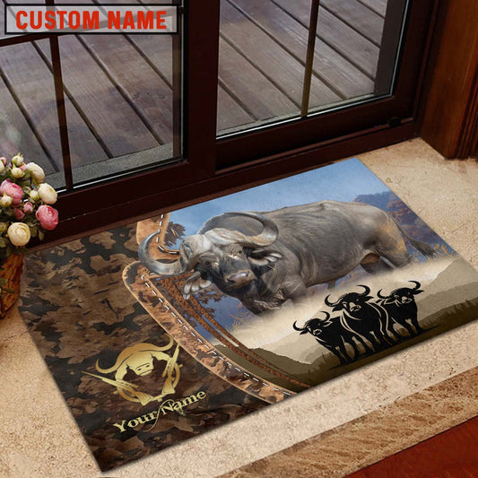 Maxcorners Water Buffalo Hunting Forest Camo Sunset Scene Personalized Name 3D Doormat