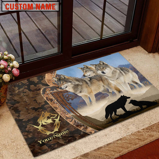 Maxcorners Wolf Hunting Forest Camo Sunset Scene Personalized Name 3D Doormat