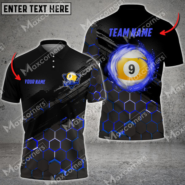 Maxcorners Billiards Hexagon Pattern 9 Ball Multicolor Option Customized Name And Team Name 3D Polo Shirt (6 Colors)