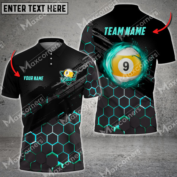 Maxcorners Billiards Hexagon Pattern 9 Ball Multicolor Option Customized Name And Team Name 3D Polo Shirt (6 Colors)