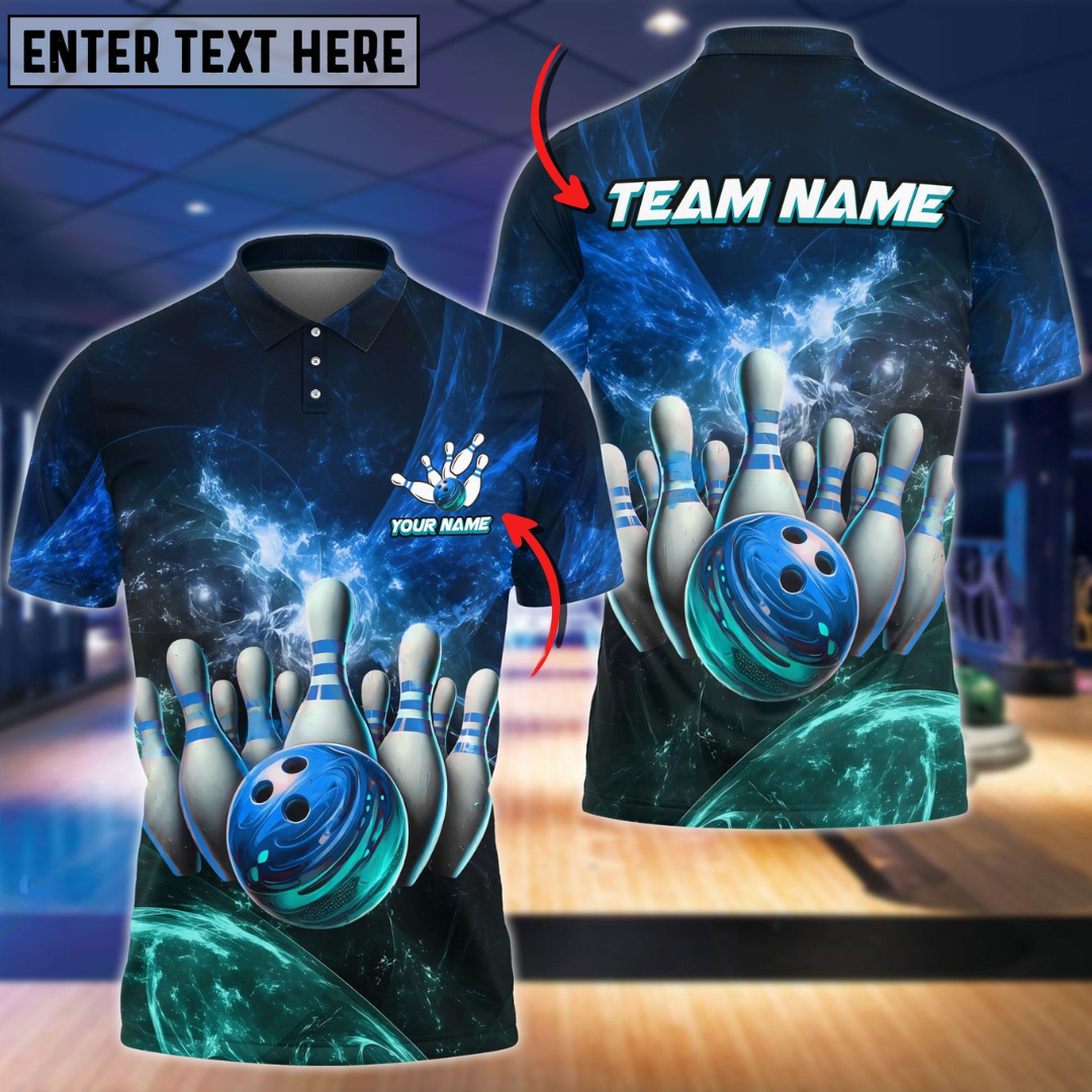 Maxcorners Bowling & Pins Light Crash Multicolor Option Customized Name, Team Name 3D Polo Shirt 01