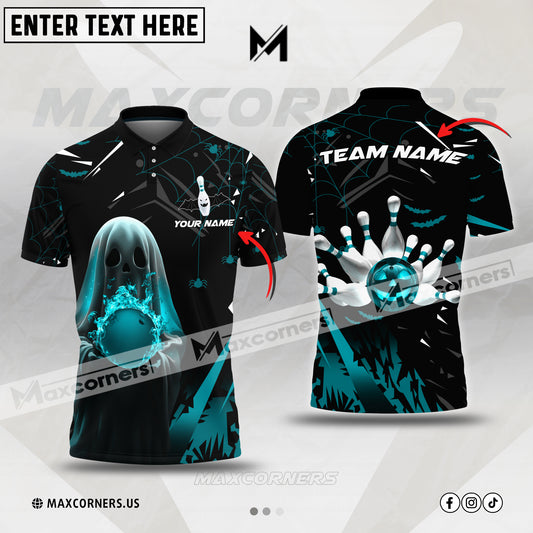 Maxcorners Bowling Halloween Ball Flame Multicolor Option Customized Name, Team Name 3D Polo Shirt (6 Colors)