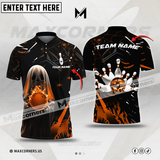 Maxcorners Bowling Halloween Ball Flame Multicolor Option Customized Name, Team Name 3D Polo Shirt (6 Colors)
