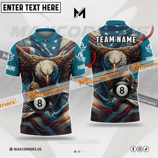 Maxcorners Billiards 8 Ball Eagle Premium Multicolor Options Personalized Name, Team Name 3D Polo Shirt (4 Colors)