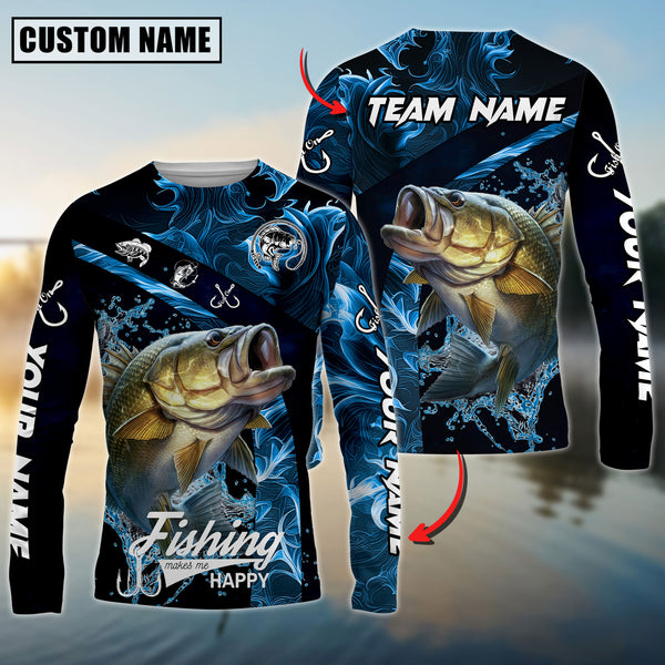 Maxcorners Bass Fishing Blue Smoke Sun Protection Personalized Name,Team Name 3D Long Sleeve Shirt