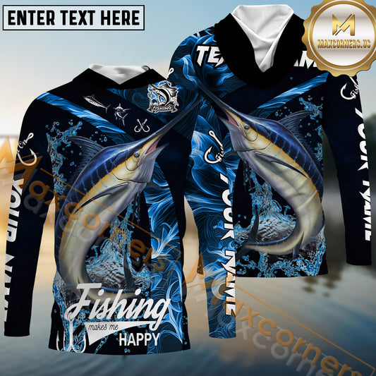 Maxcorners Marlin Fishing Blue Smoke Sun Protection Personalized Name, Team Name 3D Long Sleeve Shirt