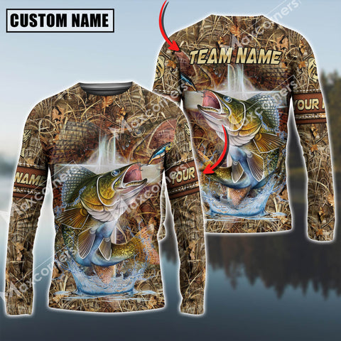 Maxcorners Walleyes Fishing Camo Cross Sun Protection Personalized Name,Team Name 3D Long Sleeve Shirt