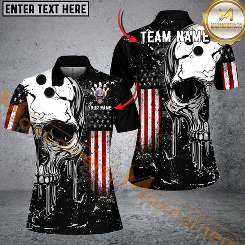 Maxcorners Skull American Flag Bowling Jersey Personalized Name, Team Name 3D Shirt For Women