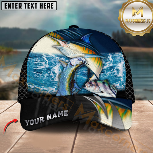 Maxcorners Marlin Fishing Ocean Battle Multi Fish Design Customized Name 3D Cap