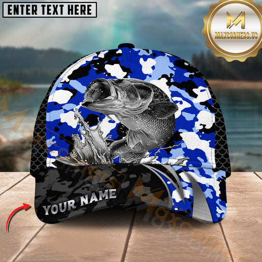 Maxcorners Fishing Jumping Splash Blue Camo Design Customized Name 3D Cap (6 Breeds)