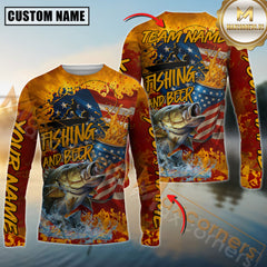 Maxcorners Bass Fishing Beer Bottles & American Flag Design Sun Protection Personalized Name, Team Name 3D Long Sleeve Shirt