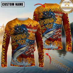 Maxcorners Marlin Fishing Beer Bottles & American Flag Design Sun Protection Personalized Name, Team Name 3D Long Sleeve Shirt