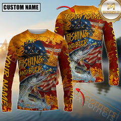Maxcorners Musky Fishing Beer Bottles & American Flag Design Sun Protection Personalized Name, Team Name 3D Long Sleeve Shirt
