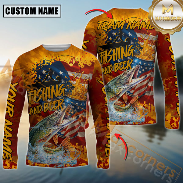 Maxcorners Pike Fishing Beer Bottles & American Flag Design Sun Protection Personalized Name, Team Name 3D Long Sleeve Shirt