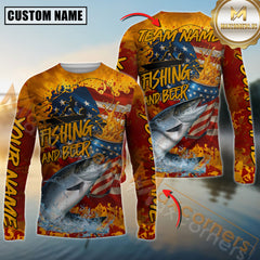 Maxcorners Salmon Fishing Beer Bottles & American Flag Design Sun Protection Personalized Name, Team Name 3D Long Sleeve Shirt