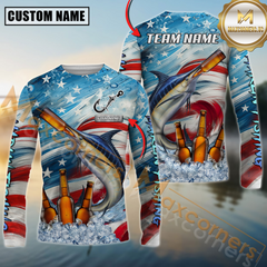 Maxcorners Marlin Fishing Beer & Usa Flag Graphic  Sun Protection Personalized Name, Team Name 3D Long Sleeve Shirt
