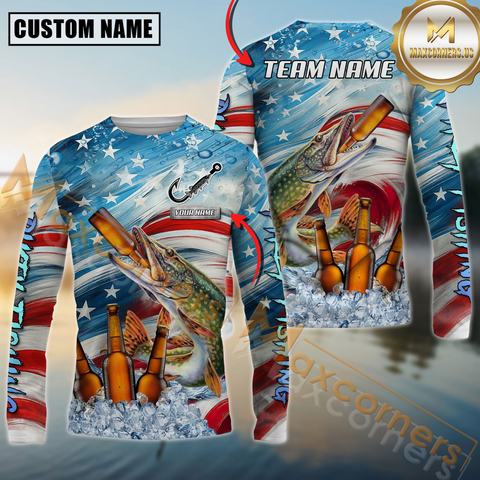 Maxcorners Pike Fishing Beer & Usa Flag Graphic  Sun Protection Personalized Name, Team Name 3D Long Sleeve Shirt