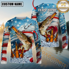 Maxcorners Walleyes Fishing Beer & Usa Flag Graphic  Sun Protection Personalized Name, Team Name 3D Long Sleeve Shirt