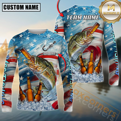 Maxcorners Bass Fishing Beer & Usa Flag Graphic  Sun Protection Personalized Name, Team Name 3D Long Sleeve Shirt