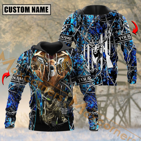 Maxcorners Deer Hunting Hunter Blue Camouflage Pattern Custom Name Shirt 3D All Over Printed Clothes