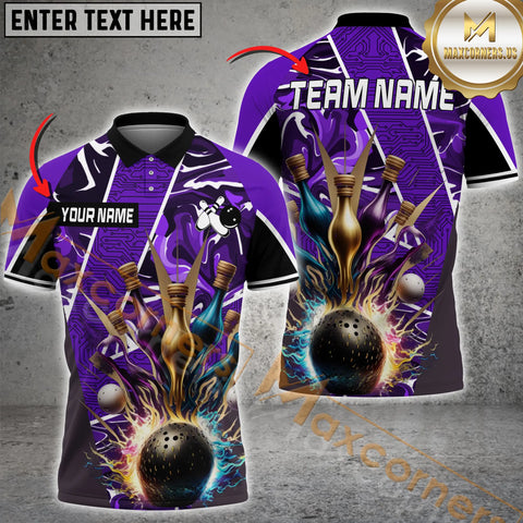 Maxcorners Electric Pattern Premium Bowling Jersey Multicolor Option Customized Name, Team Name 3D Polo Shirt