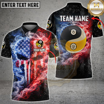 Maxcorners Billiards Yin Yang 8 9 Ball American Flag Smoke Personalized Name, Team Name 3D Shirt
