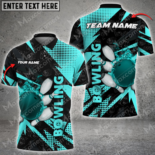 Maxcorners Bowling & Pins Flame Multicolor Option Customized Name, Team Name 3D Polo Shirt (4 Colors)