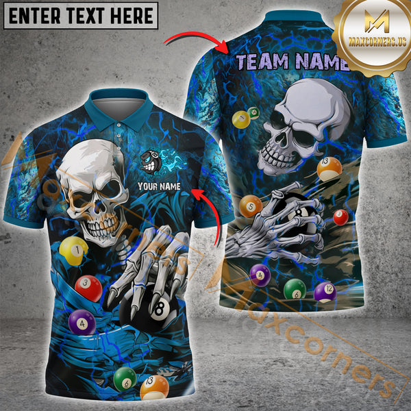 Maxcorners Billiard Skull Multicolor Option Customized Name, Team Name 3D Polo Shirt