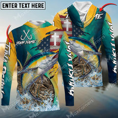 Maxcorners Tuna Fishing American Flag Camo Cross Skin Pattern Sun Protection Personalized Name, Team Name Long Sleeve Shirt
