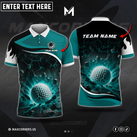 Maxcorners Golf Ball Flame Magma Pattern Multicolor Options Customized Name, Team Name 3D Polo Shirt