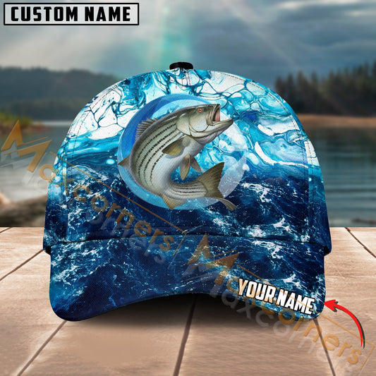 Maxcorners Stripped Bass Fishing Sea Water Pattern Jersey Multicolor Personalized Name 3D Cap