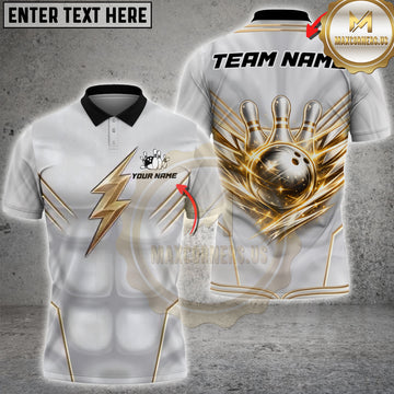 Maxcorners Bowling White Gold Lightning Design Personalized Name 3D Unisex Shirt