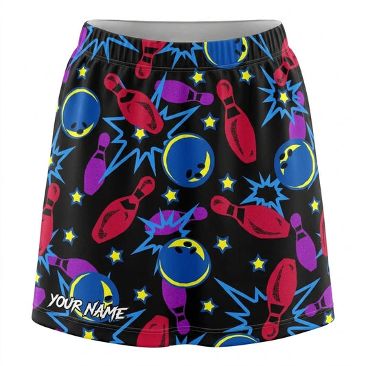 Maxcorners Bowling Neon Cosmic Pattern Personalized 3D Skirts With Shorts