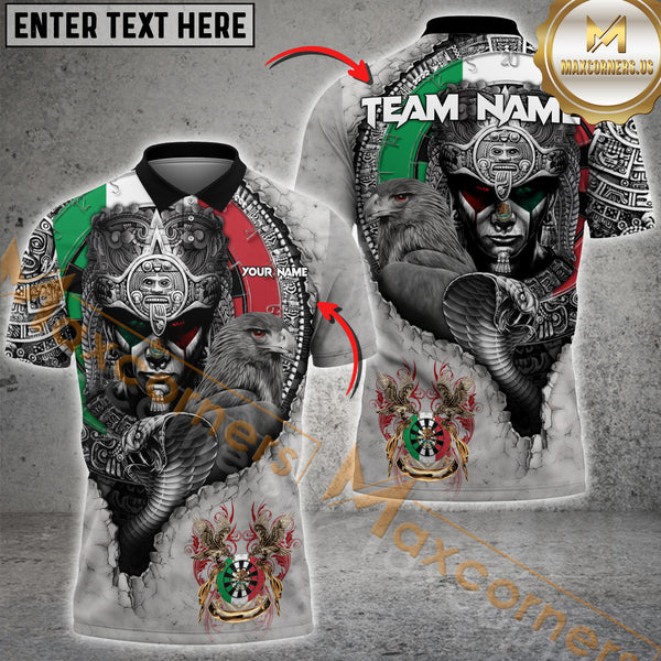 MaxCorners Darts Aztec Warrior Style Mexico Flag Customized Name 3D Polo Shirt