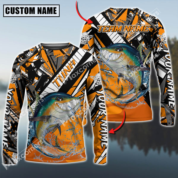 Maxcorners Tuna Fishing Angry Halloween Pattern Sport Jersey Sun Protection Personalized Name, Team Name Long Sleeve Shirt